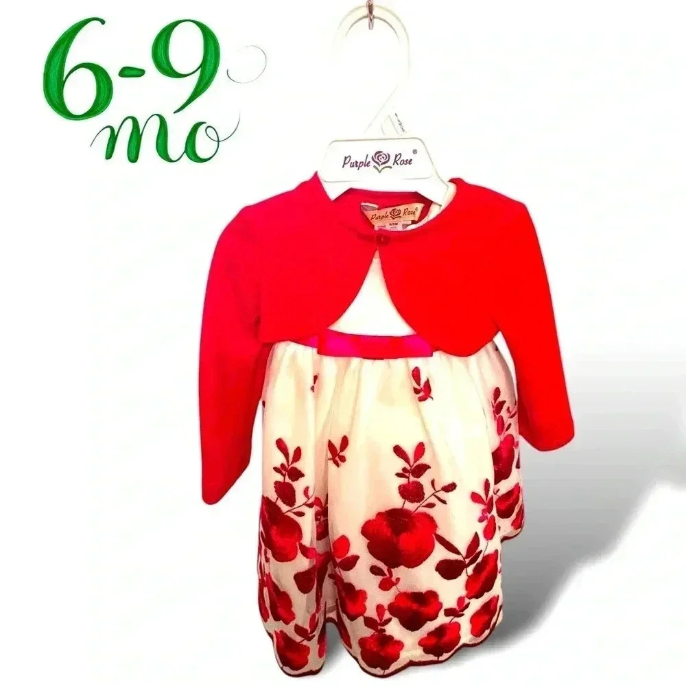 6-9mo Embroidered Christmas white and red Purple&Rose dress. Dsct w bundle.